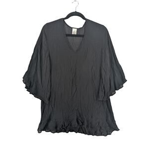 Anne Cole Sheer Tunic M L Black Flounce VNeck Flare Sleeve Flowy Relaxed Fit Top